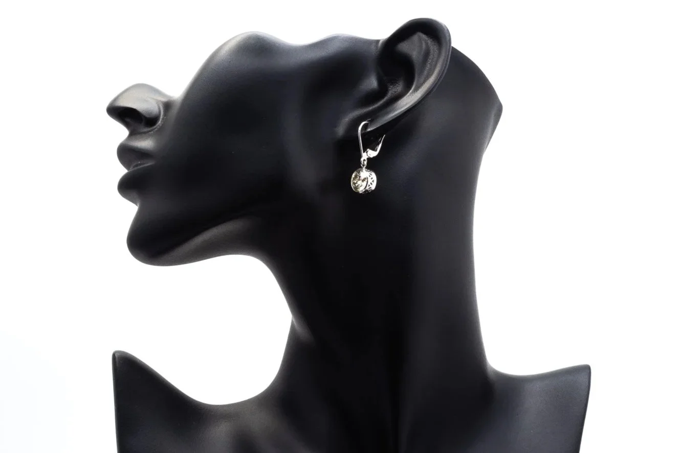 (S)White Gold Solitaire Round Brilliant Cut Diamond Drop Dangle Lever Back Earrings