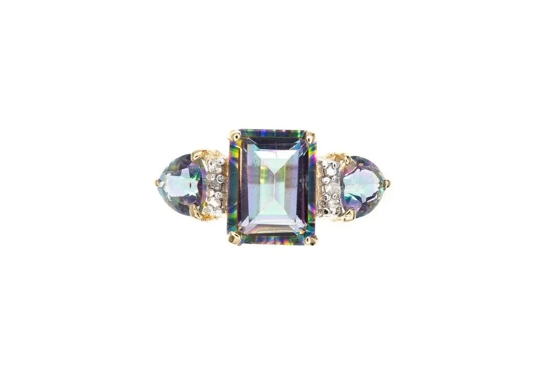 (T)Yellow Gold Diamond Mystic Topaz Gemstone Ring