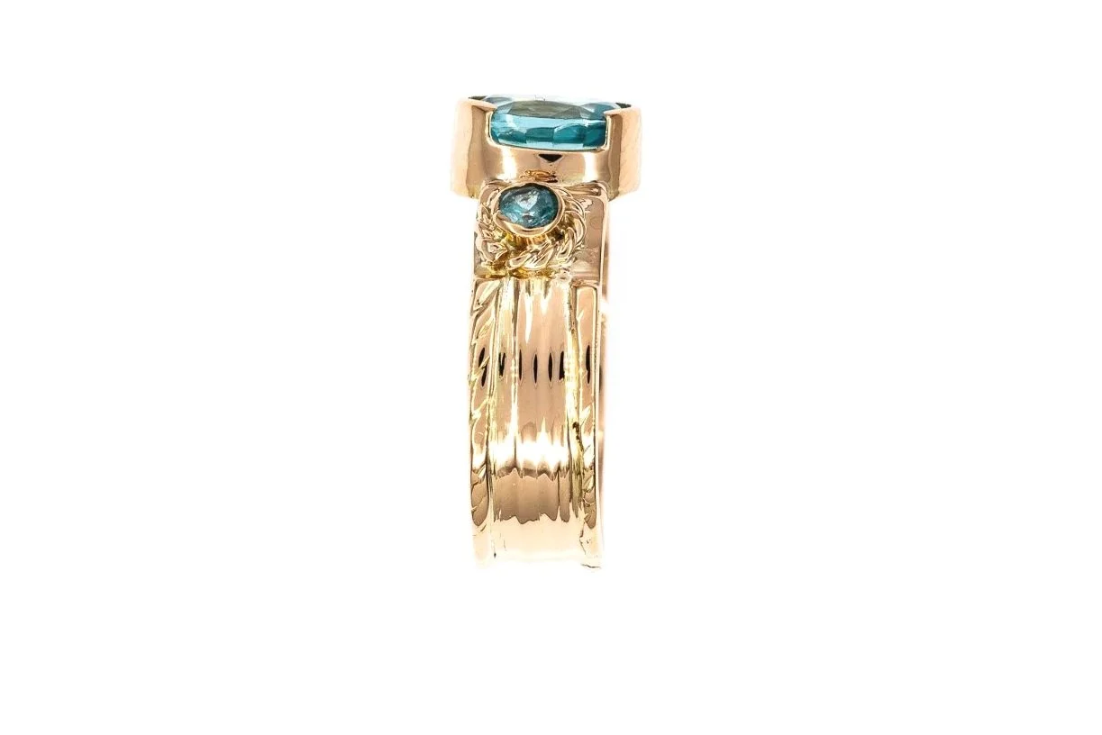 (S)Rose Gold Blue Zircon Three Stone Gemstone Ring