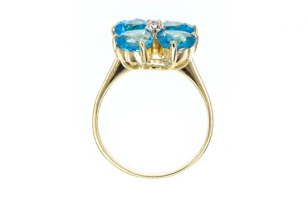 (F)Yellow Gold Diamond Blue Topaz Cluster Gemstone Ring