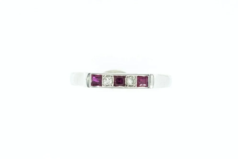 (T)White Gold Diamond Square Step Cut Ruby Band