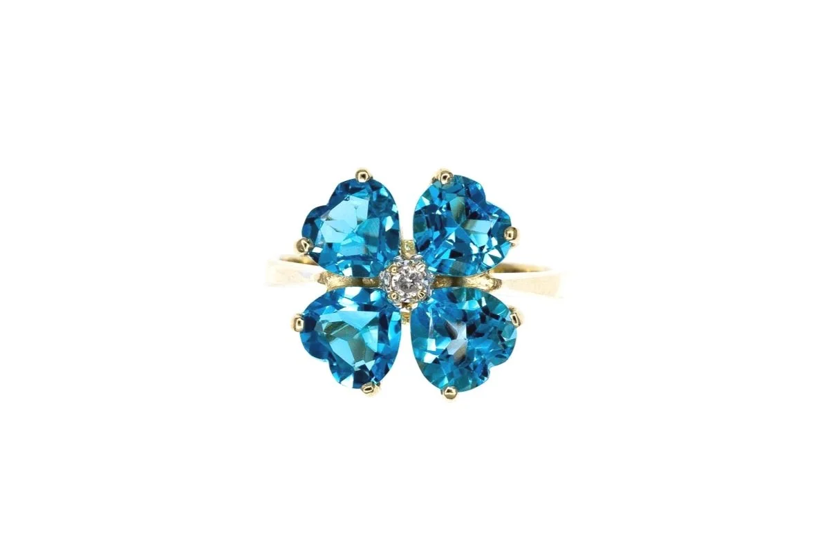 (T)Yellow Gold Diamond Blue Topaz Cluster Gemstone Ring