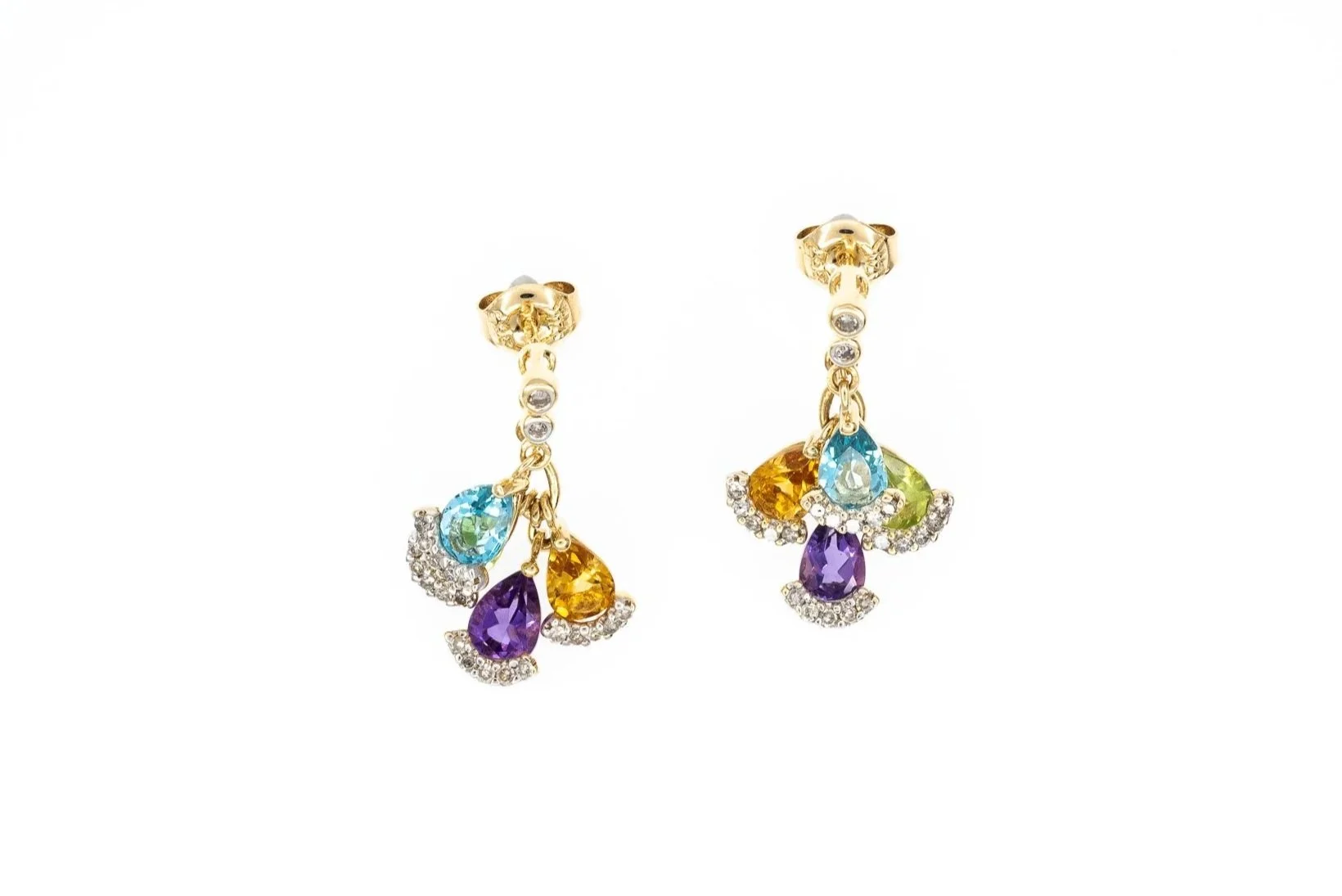 (T)Yellow Gold Diamond Blue Topaz Peridot Citrine Amethyst Stud Earrings