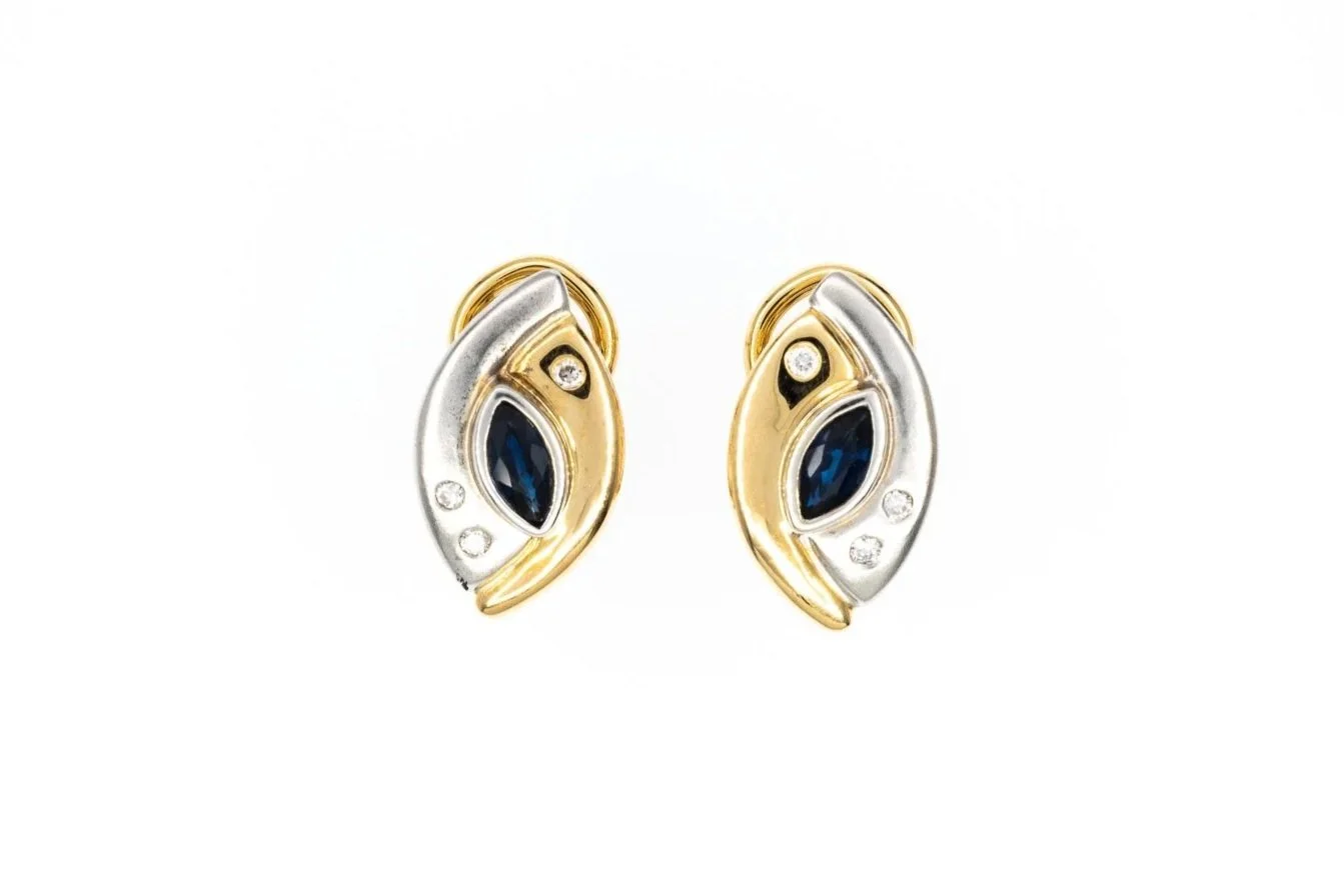 (T)Yellow White Gold Diamond Sapphire Omega Clip Back Stud Earrings
