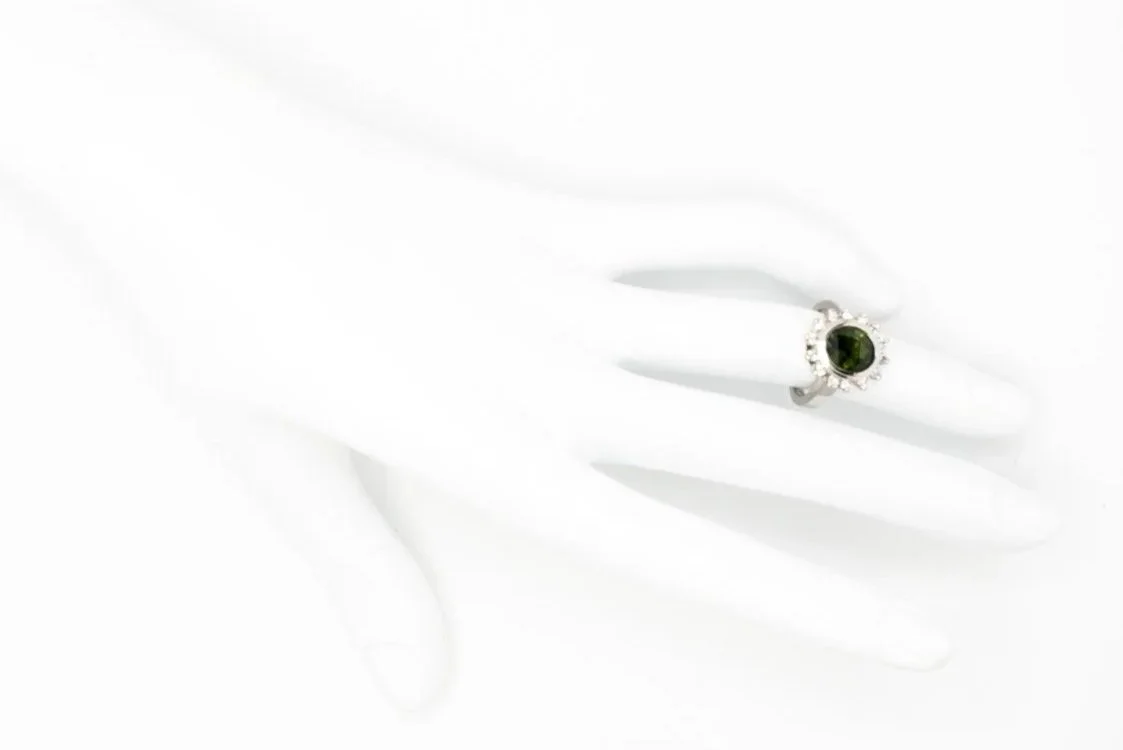 (H)White Gold Diamond Green Sapphire Gemstone Ring