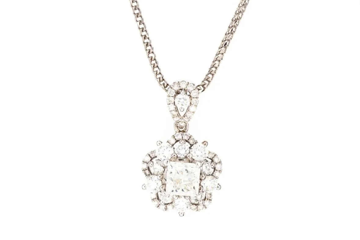 (T)White Gold Princess Cut Diamond Drop Dangle Cluster Pendant