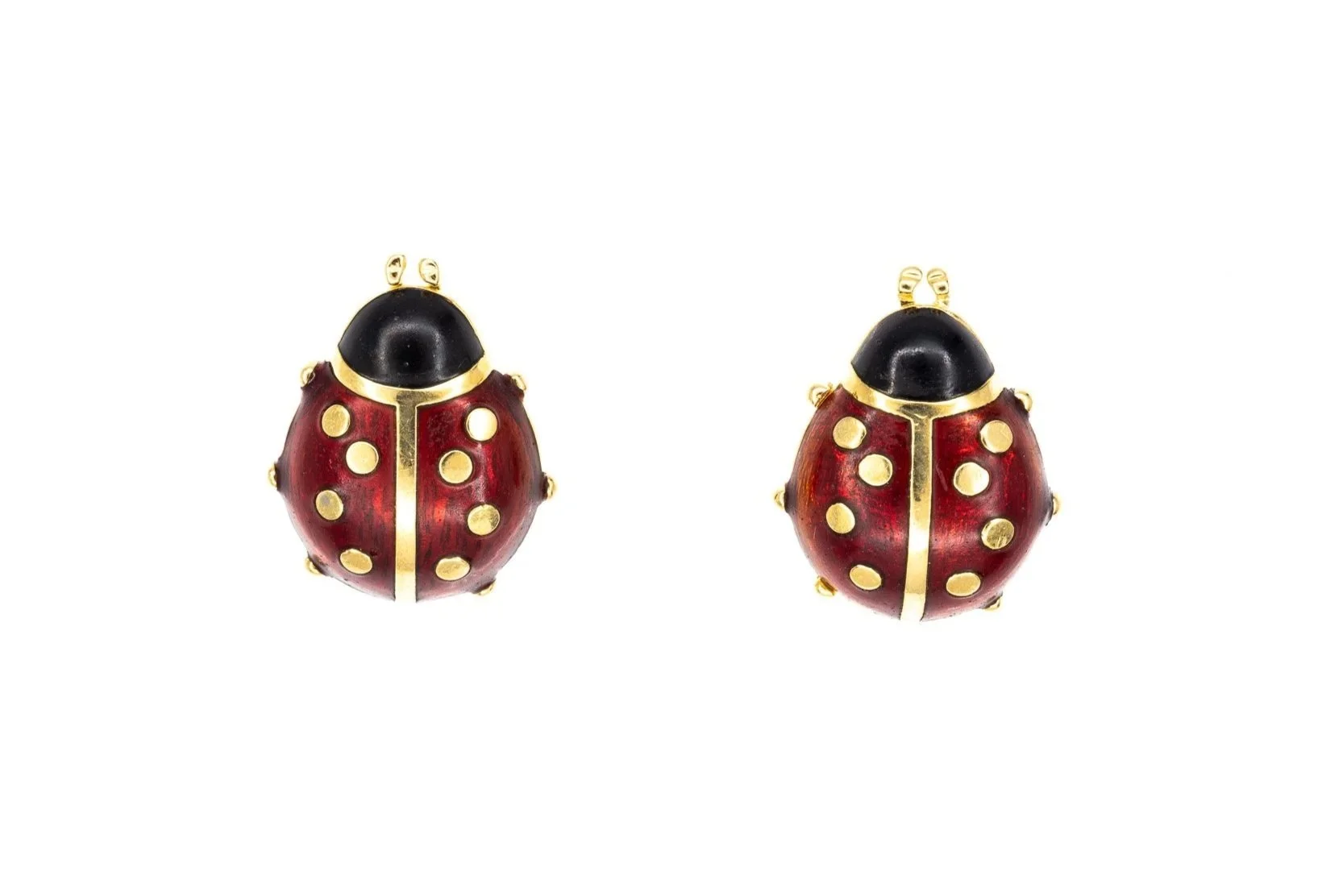 (T)Yellow Gold Red Enamel Lady Bug Stud Earrings