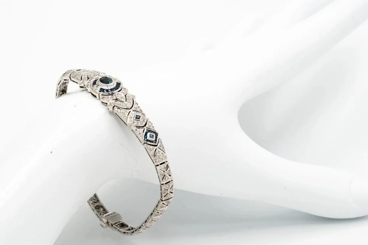 (W)White Gold Diamond Sapphire Fancy Link Bracelet