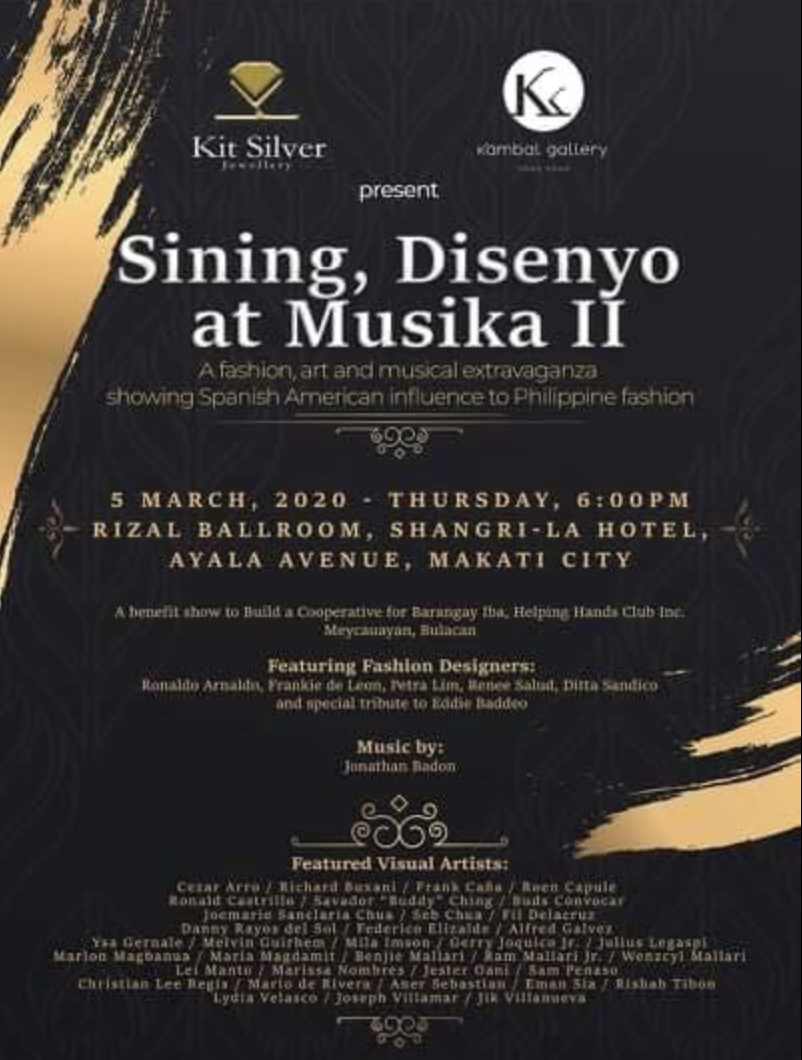 Event poster for "Sining, Disenyo at Musika II" featuring logos of Kit Silver Foundation and Kambal Gallery, details of date, time, and venue in Makati City, highlighting fashion designers, visual artists, and performers involved.
