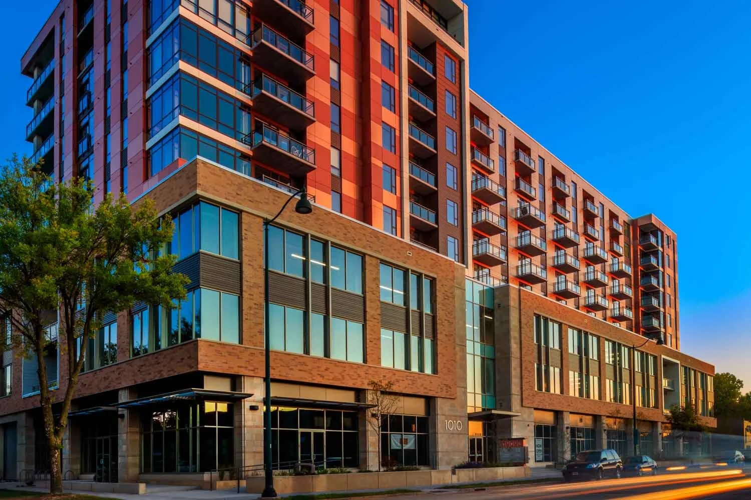 A sunrise view of the Lyric mixed use building at 1010 East Washington Avenue, Madison, WI.
