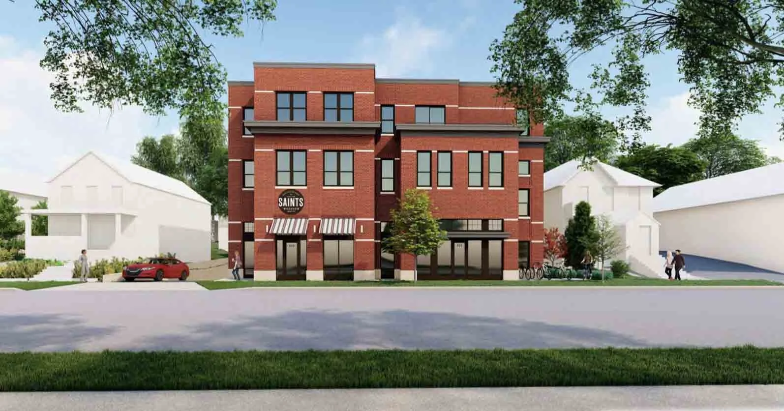 Rendering of a three story red brick building, with store fronts lining the front side of the building at street level.