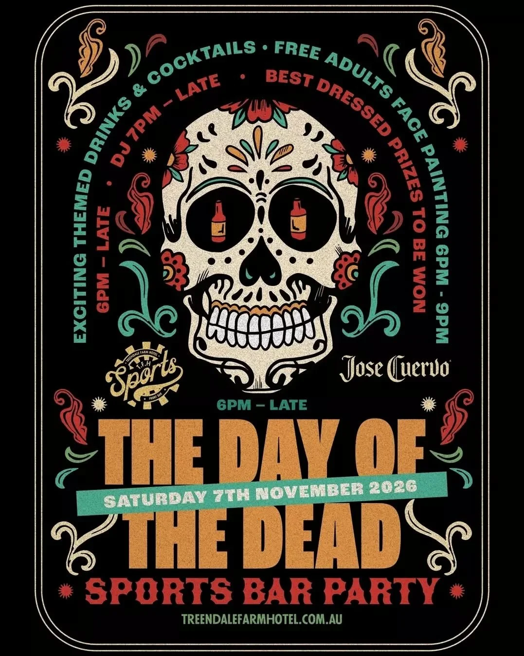 💀 The Day of the Dead is taking over the Sports Bar!

Join us Saturday 7th November from 6pm for a night of themed drinks and DJs from 7pm till late. Get your face painted for free and dress to impress for your chance to win a best dressed prize. 

