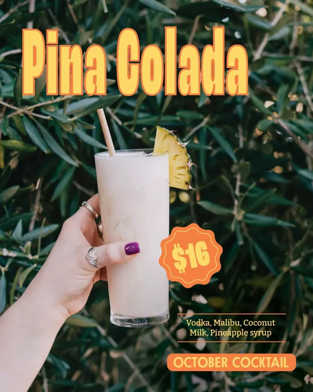 Pina Colada season is calling 🍍🥥

Our October Cocktail is here! Sip on a creamy, tropical mix of vodka, Malibu, coconut milk &amp; pineapple syrup for just $16.