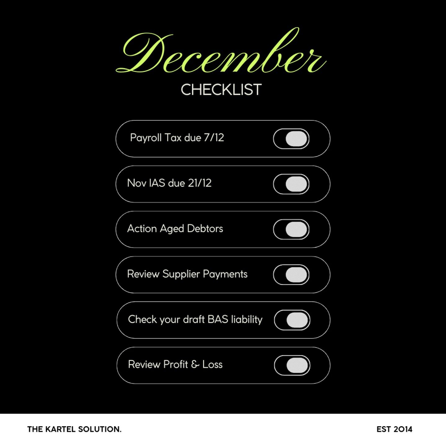 Don't overlook these end-of-year deadlines!📝

Set reminders for a more organised and efficient life. 

Let's stay on track together! 🚀 

Ready to tackle your finances?
Schedule your FREE Discovery Call - Link in Bio 👆

#thekartelsolution #melbourn