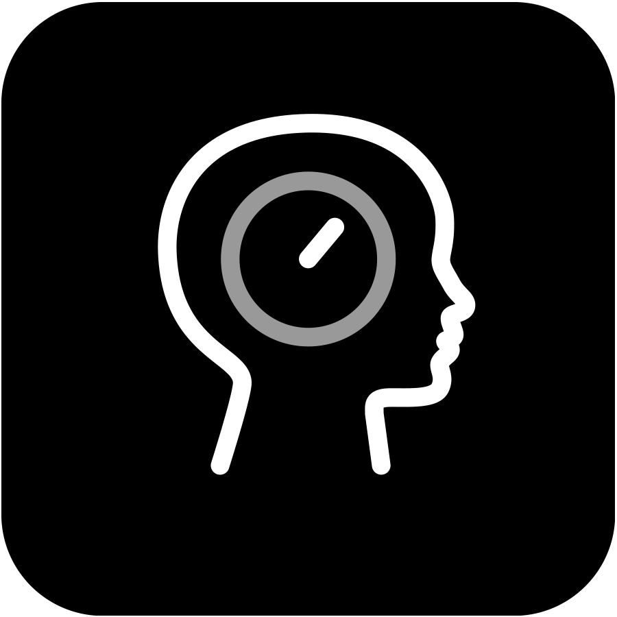 A digital icon of a human head in profile with a clock inside the brain area, representing mental focus or time management.