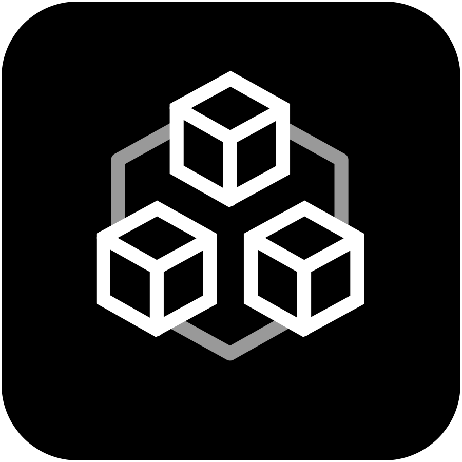Icon of three interconnected 3D cubes in white on a black background.