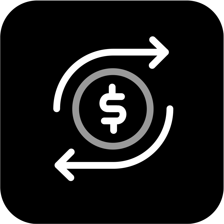 Icon of a dollar sign surrounded by two curved arrows pointing in opposite directions, indicating money transfer or financial exchange, on a black background.