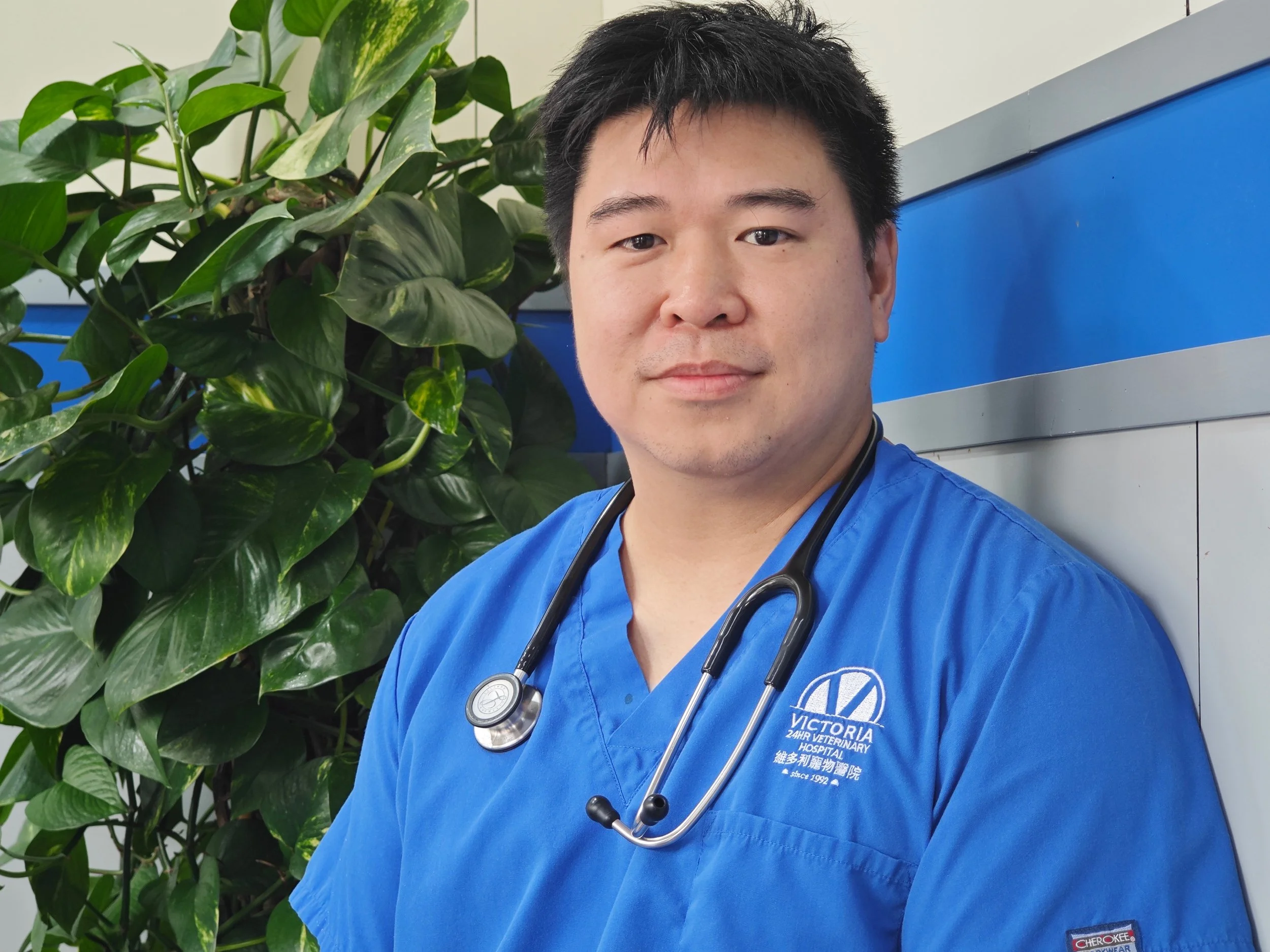 Dr Edmund dressed in blue medical scrubs with a stethoscope around his neck, standing next to a large leafy green plant.