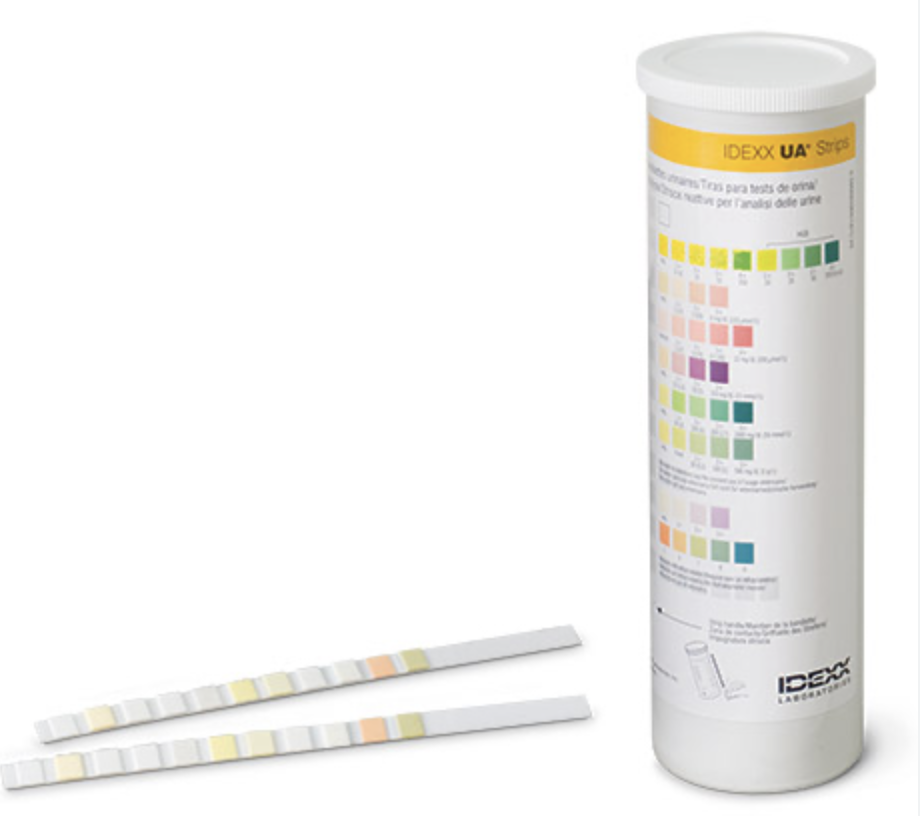 Urine test strips in a cylindrical container with an instruction chart on the label.