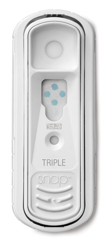 A SNAP test cassette with a circular control line area and a rectangular result window showing blue dots, labeled "TRIPLE snap".