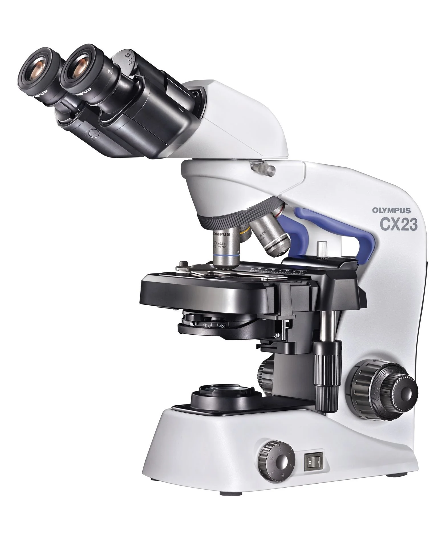 A white compound microscope with black eyepieces and adjustable knobs.