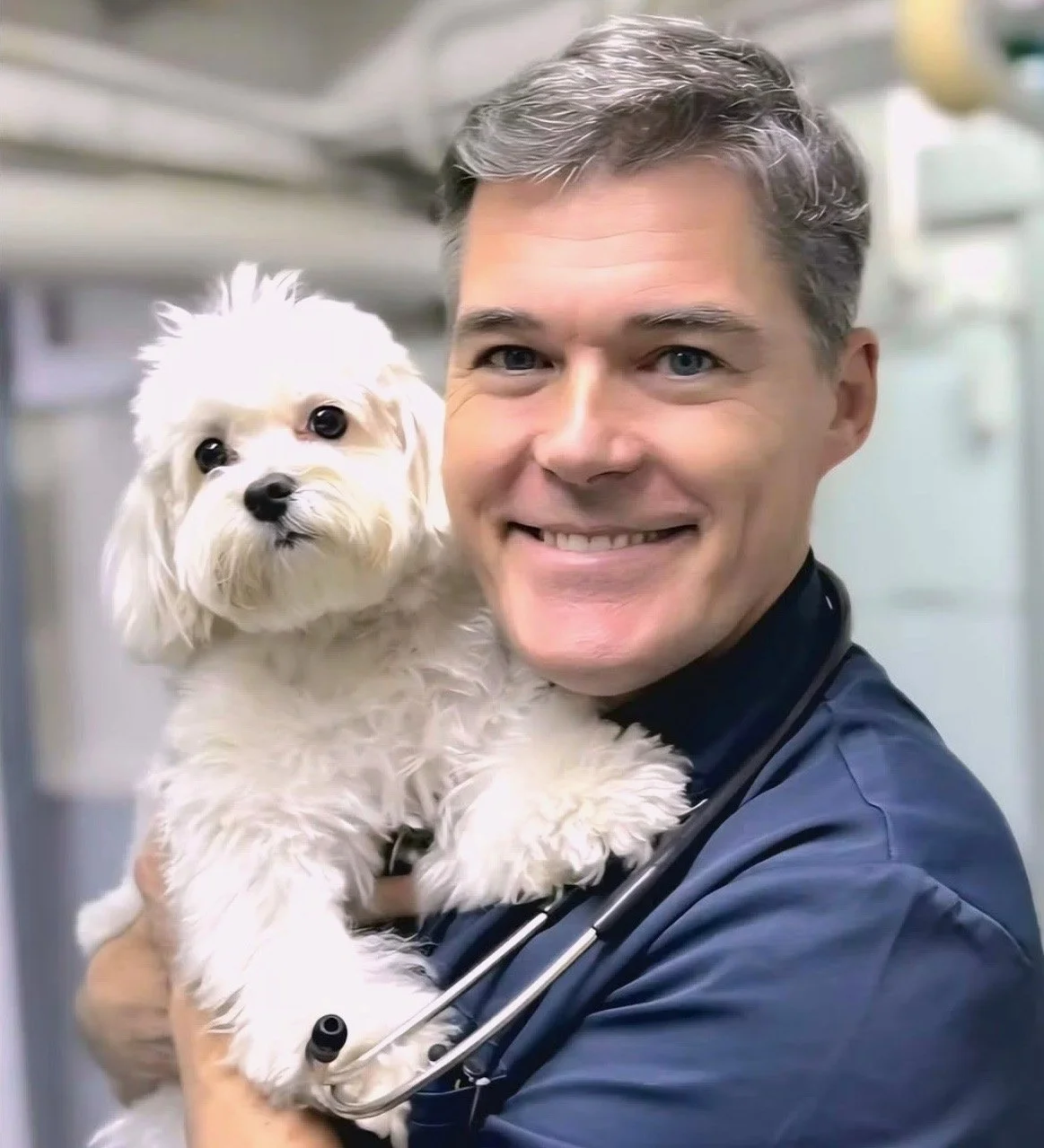 Dr Francois holding a small white dog with fluffy fur in a clinical setting.