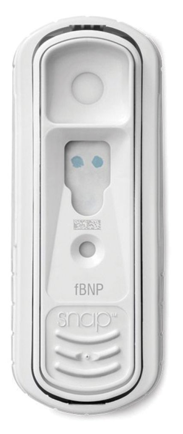 A SNAP test device with two blue test lines, one at the control area and another at the test area, and labeled with "BNP".
