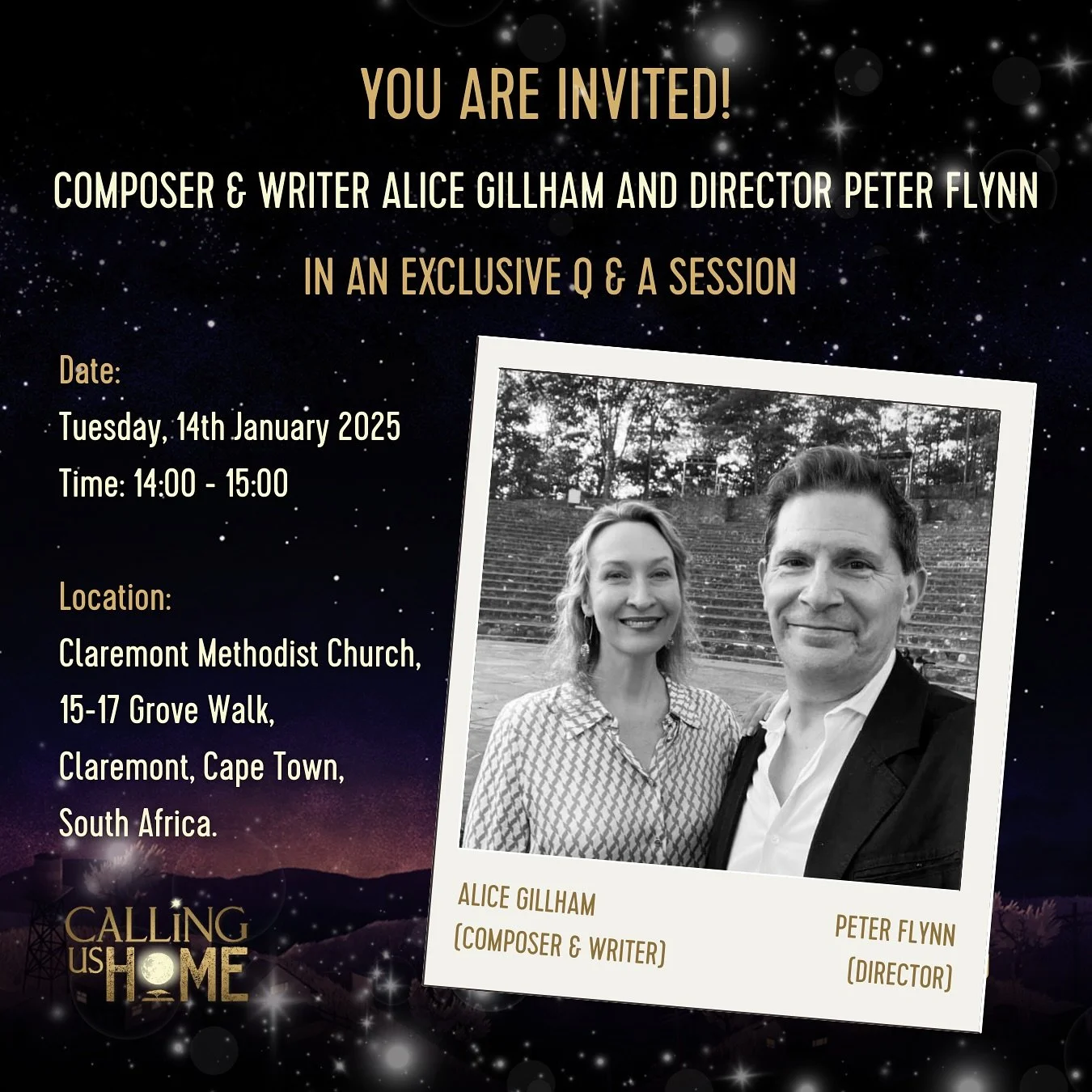🎶 Something special is happening, and YOU’RE invited! 🎤 Join us for a FREE in-person Q&A with the incredible Alice Gillham (composer & writer) and Peter Flynn (director) as they share their journey of bringing ‘Calling Us Home&r