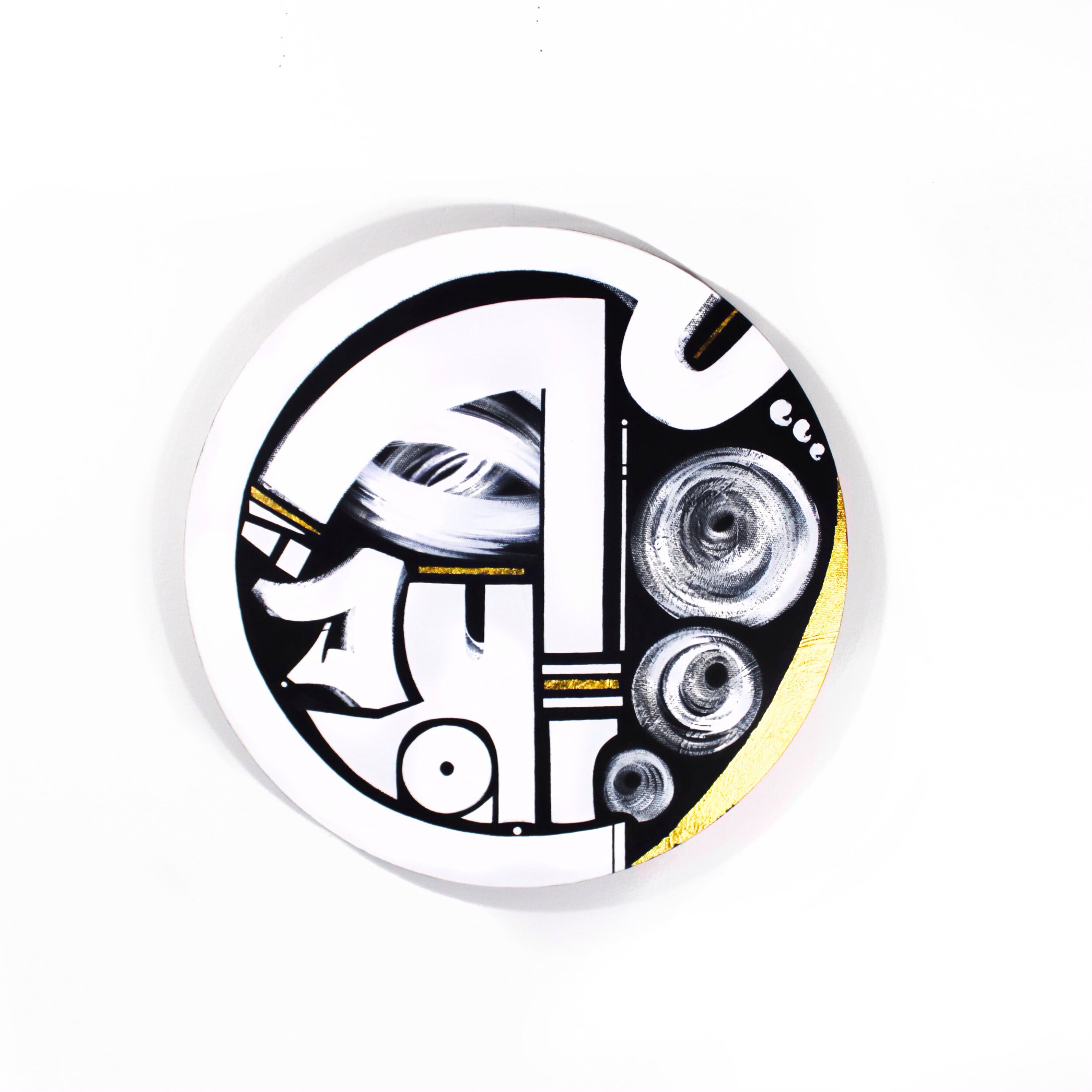 black white gold face figurative abstract round artwork nj contemporary artist Anu Oro