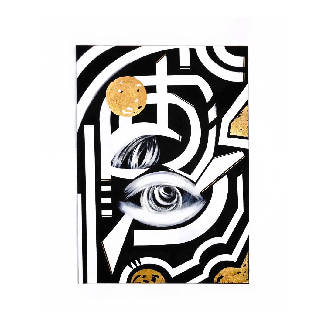contemporary abstract figurative black white gold acrylic painting thira