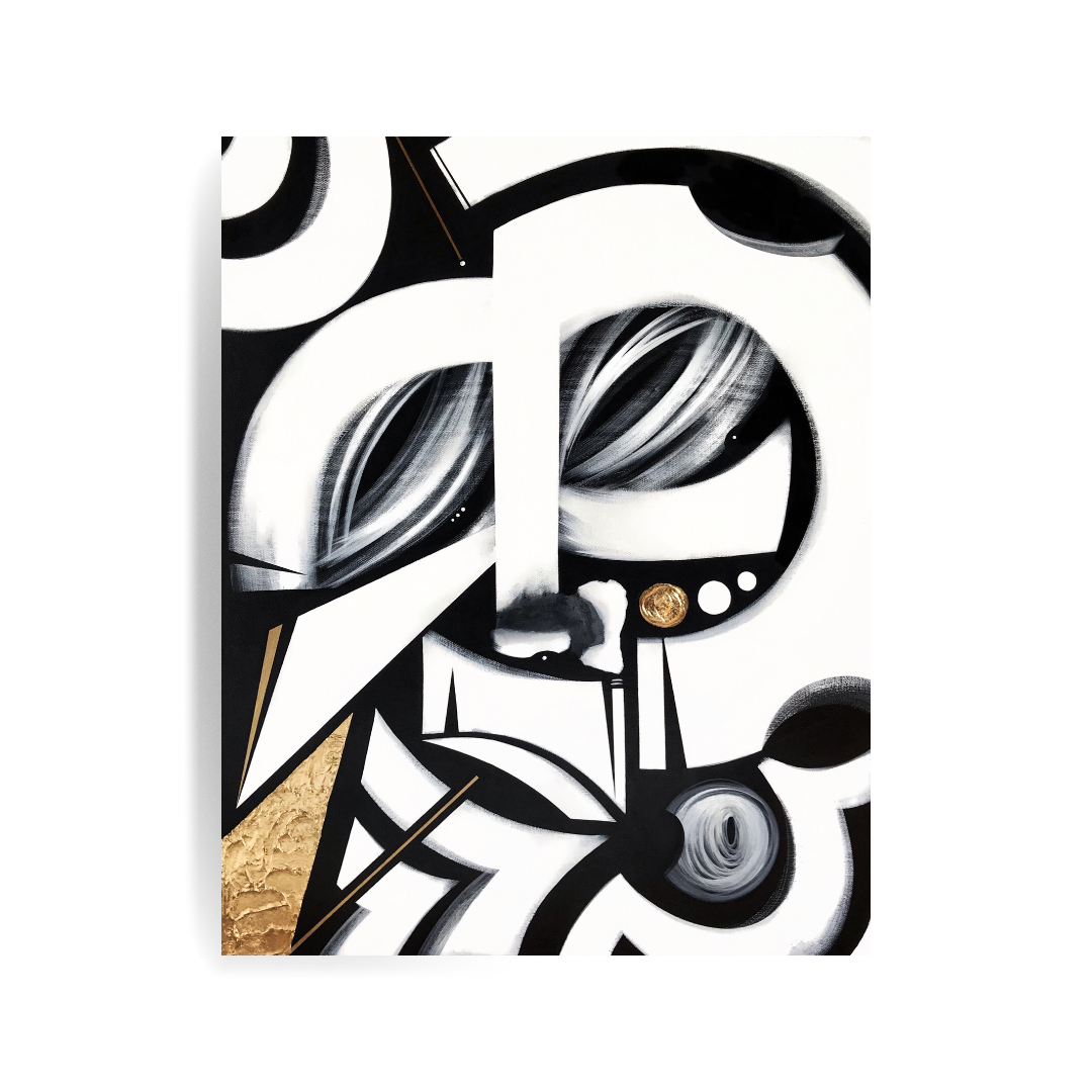 Santo black white gold textured painting by nj based contemporary artist anu oro