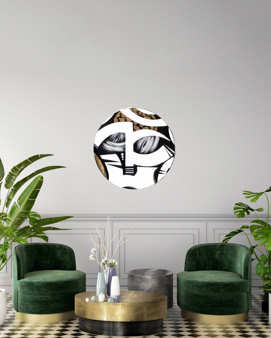 round canvas black white contemporary art staged living room artist Anu Oro