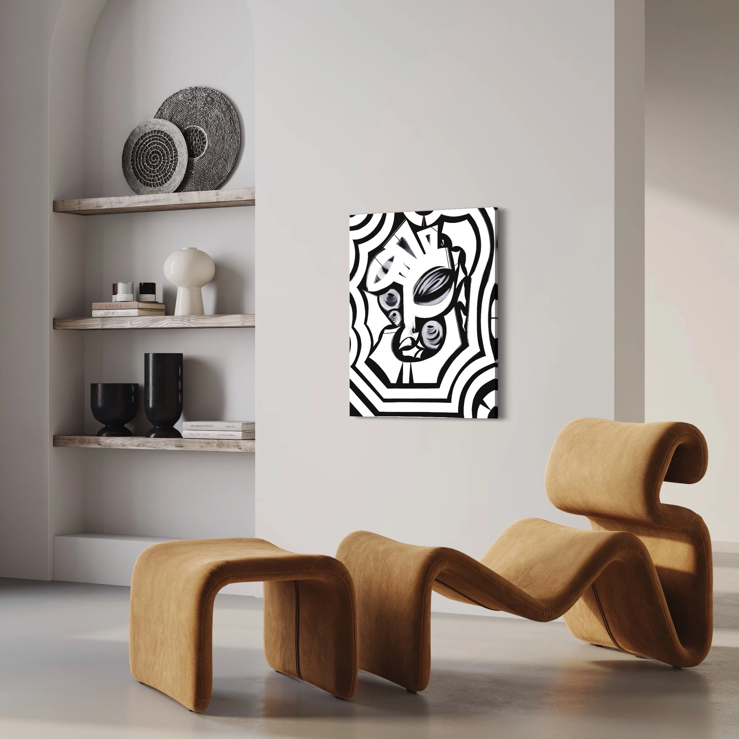 contemporary abstract face figurative black white painting in bedroom interior