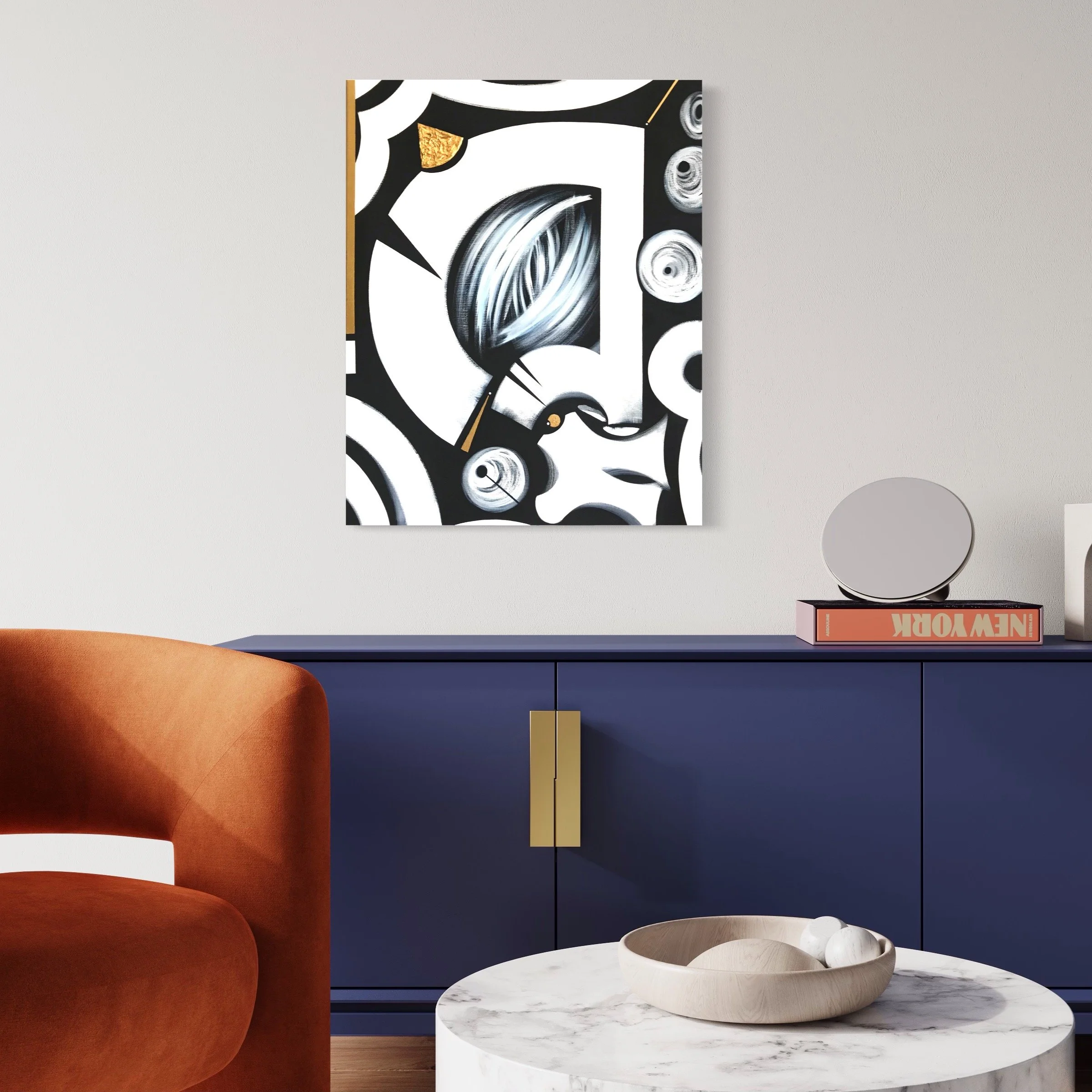 staged dining room black white gold artwork on wall by artist anu oro