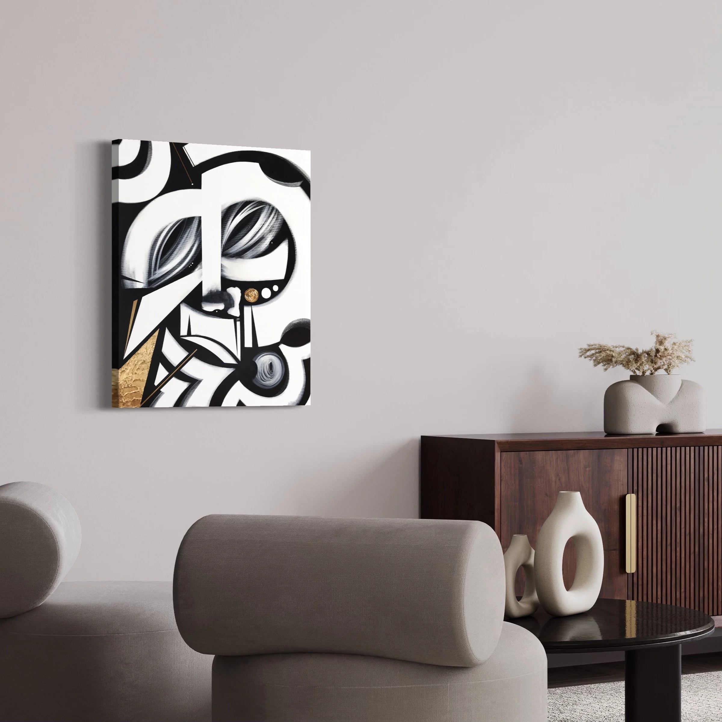 staged living room black white artwork Santo by nj based artist anu oro