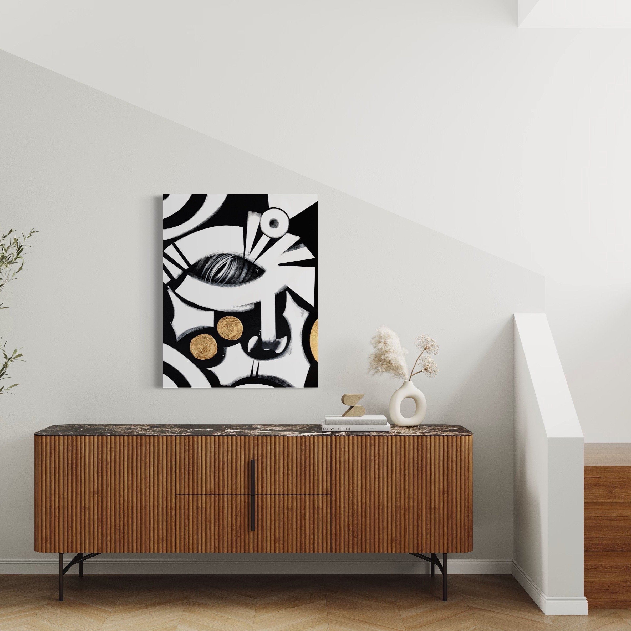 outrenoir staged painting black white living room artist anu oro nj based