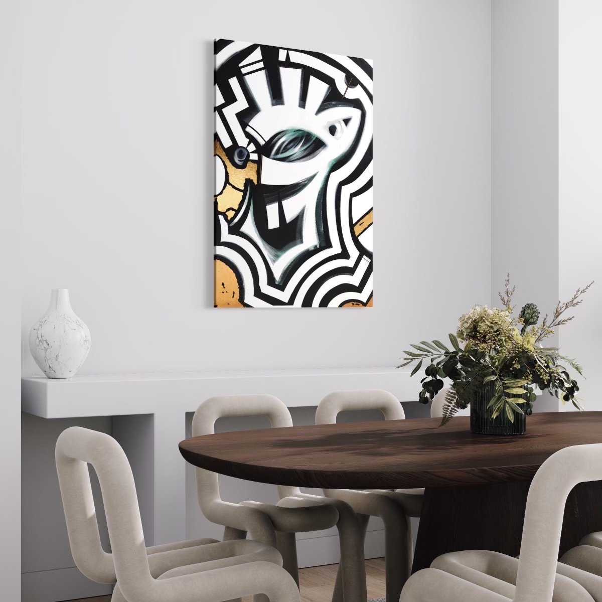 contemporary abstract figurative black white gold painting in dining room interior
