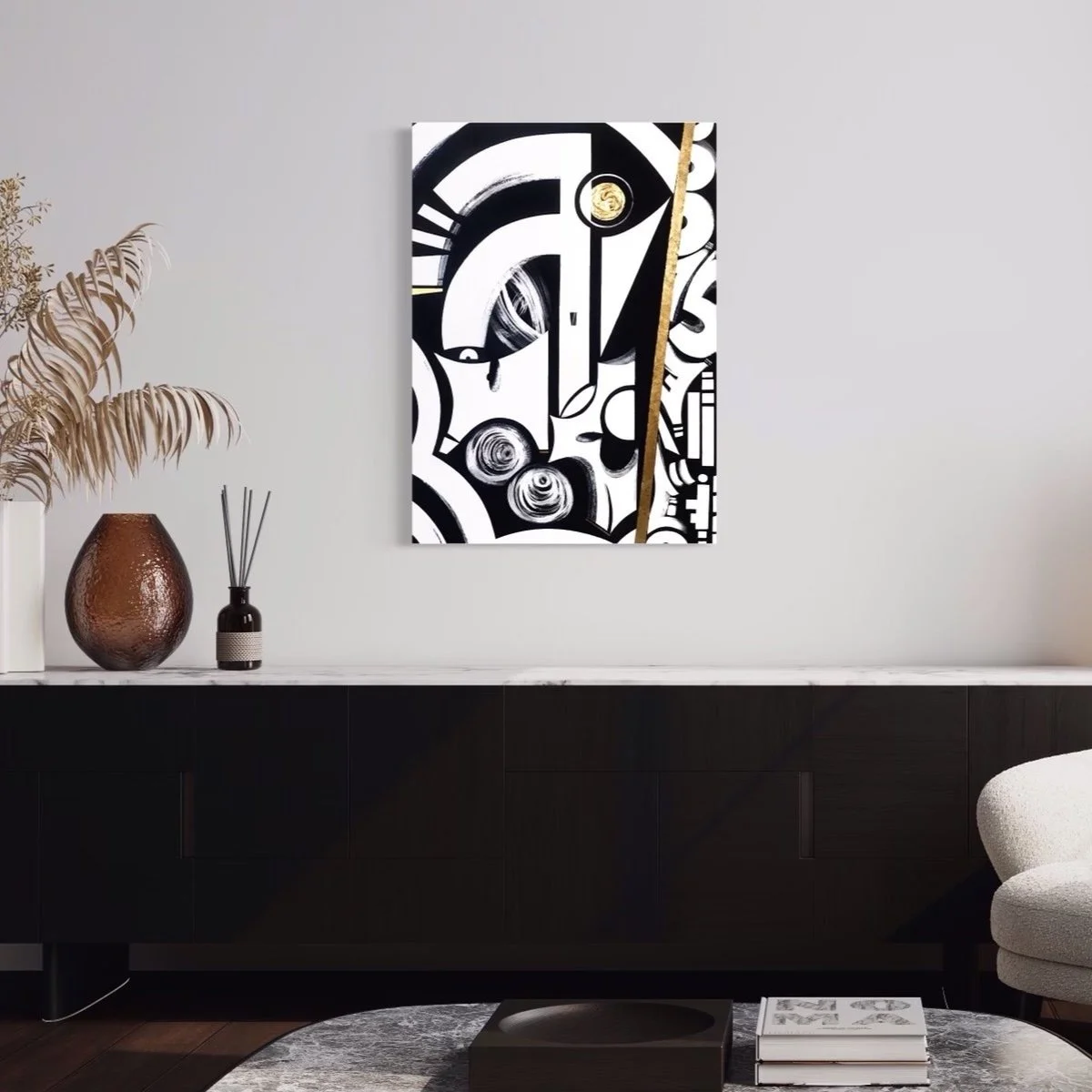 ochi black white gold figurative abstract gestural artwork nj contemporary artist Anu Oro staged room