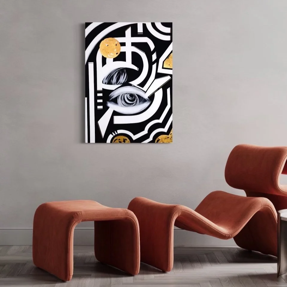 contemporary abstract figurative black white gold acrylic painting in living room interior