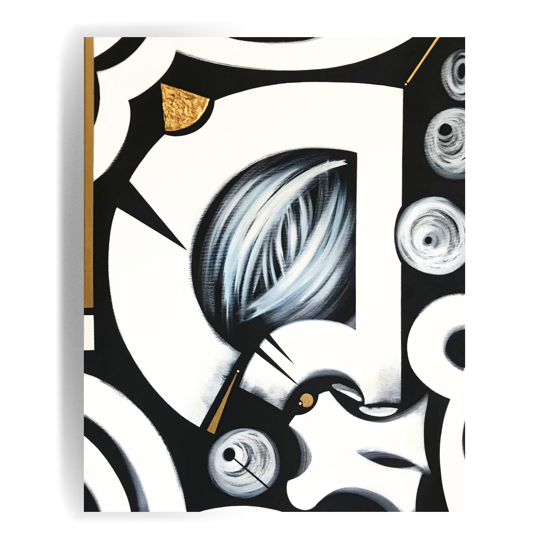 "Savant" (2021). 24" x 30" x 3/4". 
Acrylic + Pastel + Gold Metal Leaf + Canvas. 
1/1.