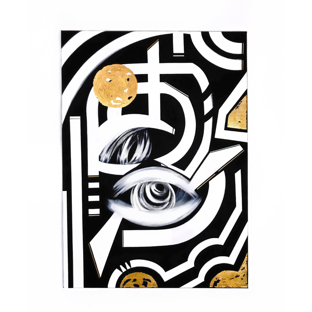 "Thira" (2020). 26" x 36" x 5/8". Acrylic on Canvas + Gold Metal Leaf. 1/1.