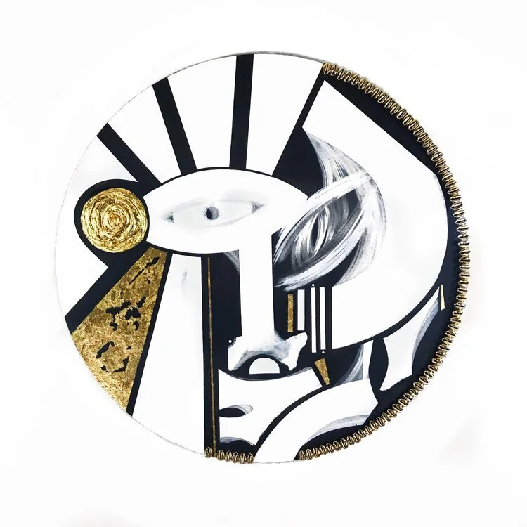 "Radius" (2021). 24" x 24" x 3/4". Acrylic on Canvas + Gold Metal Leaf + Gold Cowrie Shells. 1/1.