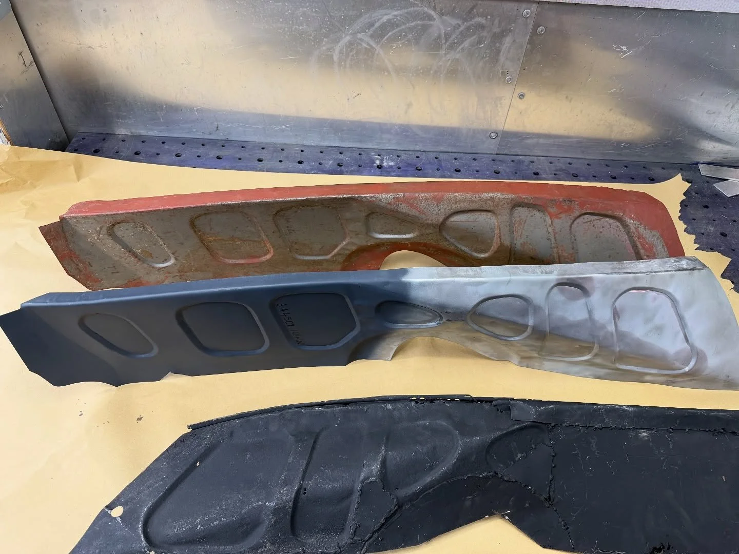 Using the panel @prs__356 loaned us we have been able to fabricate a new inner upper trunk panel. The aftermarket ones don&rsquo;t have the correct depth pressings and pressing around the axle. Made in 3 parts butt welded together and metal finished.