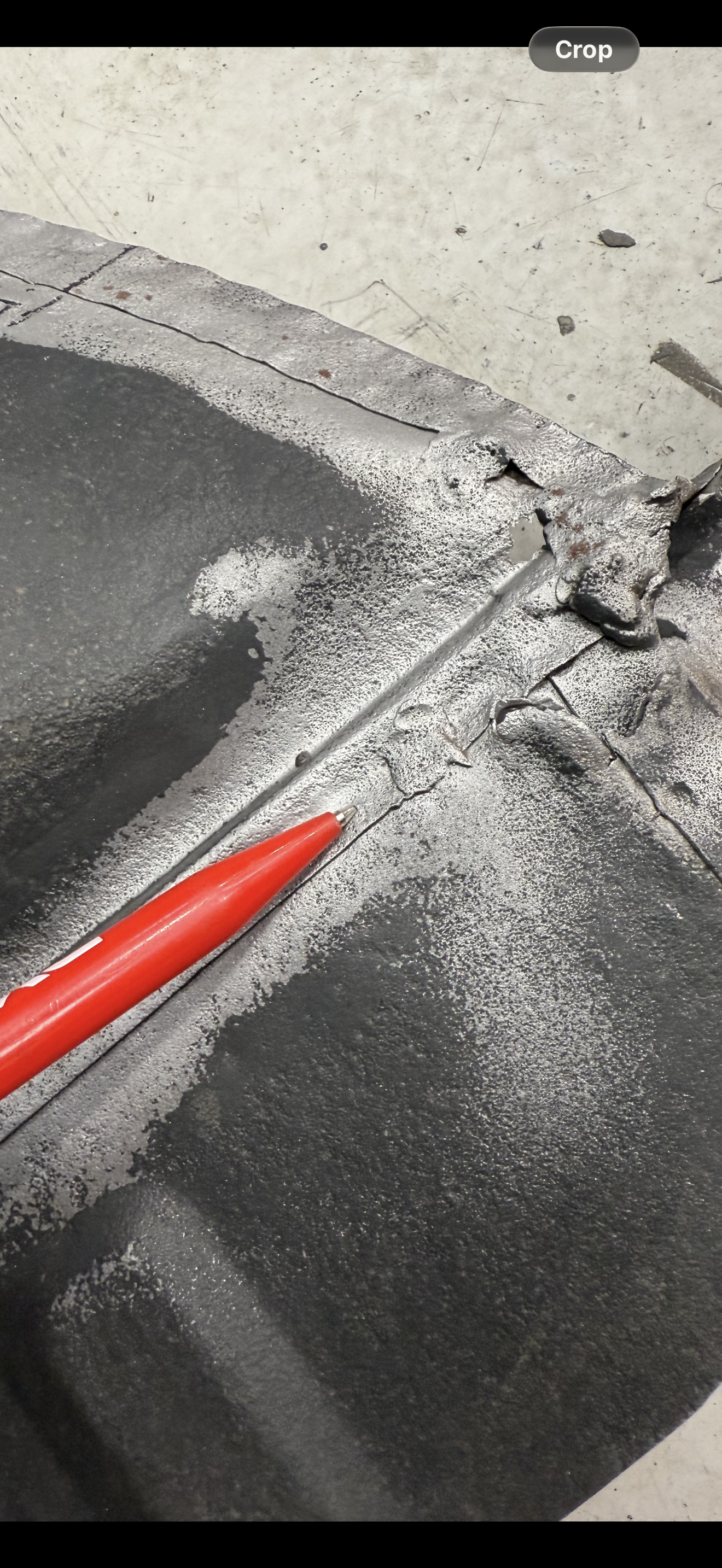 Porsche 356 a inner front nose panel. Factory gas tack welds identified on the horizontal and vertical panel joints. 