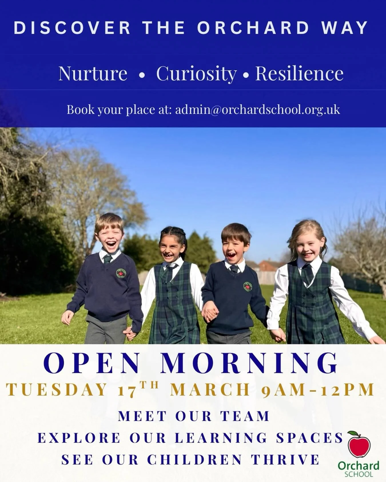 Discover The Orchard Way 🍎

We warmly invite families to our Open Morning at Orchard School and Nursery.

Come and see how our children learn and grow through nurture, curiosity and resilience. Meet our team, explore our learning spaces and experien
