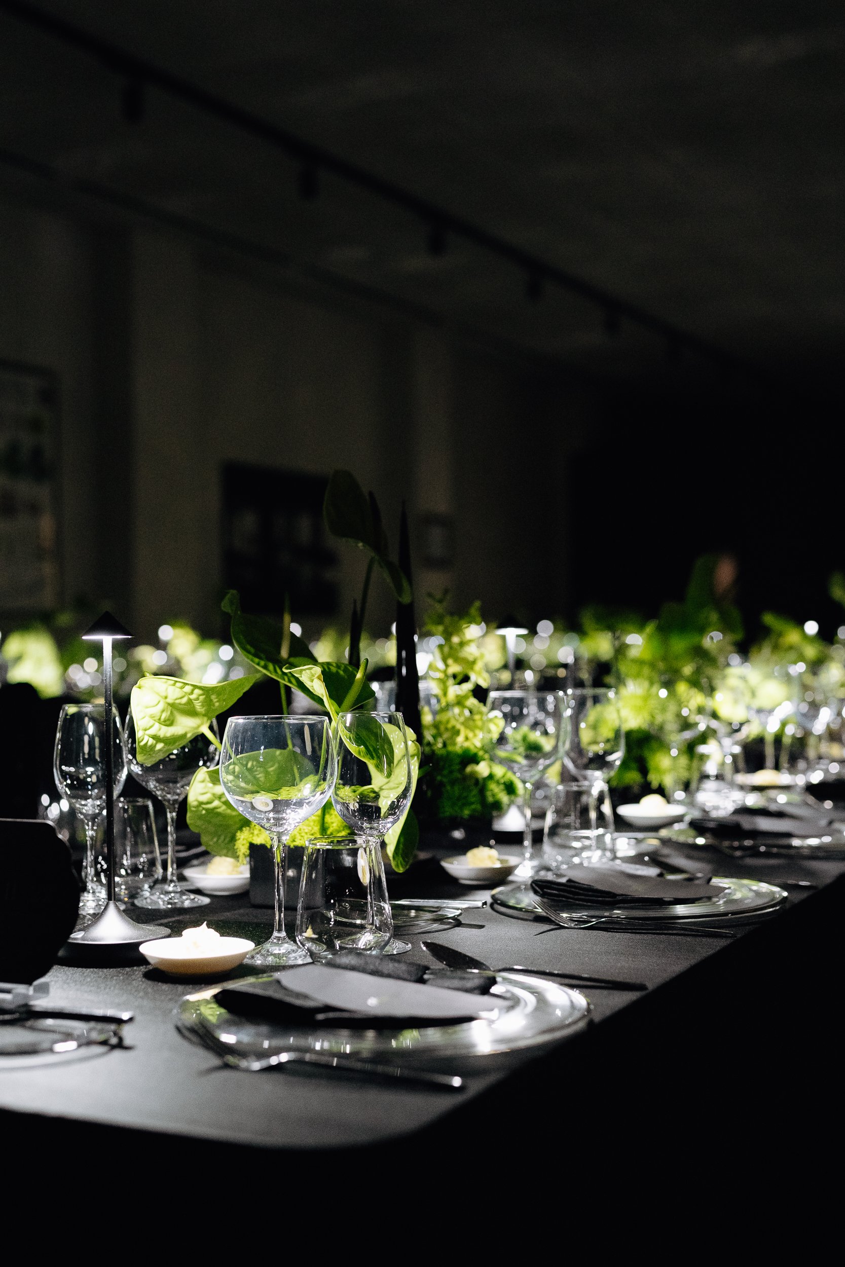 Elegant dining table set with wine glasses, plates, silverware, and a centerpiece of green plants, in a dimly lit room.