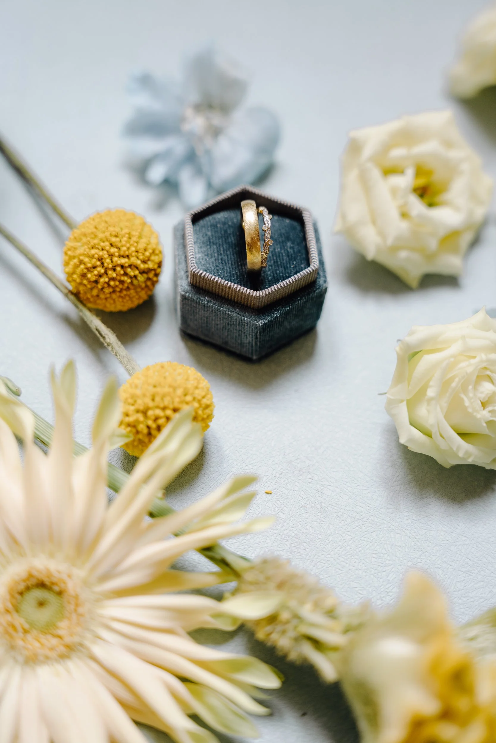 A close-up photo of wedding rings in a jewelry box surrounded by white and yellow flowers.