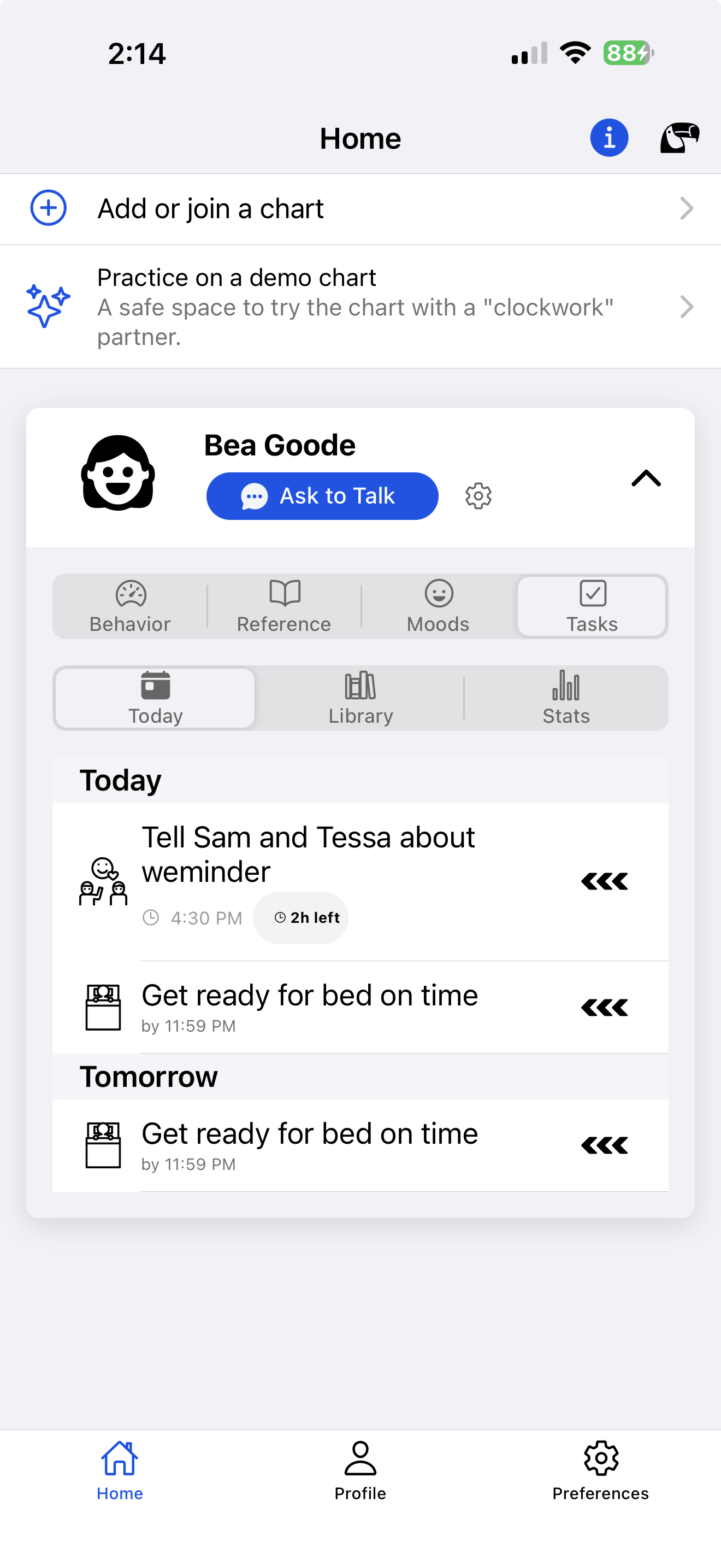 The Today pane in weminder, showing assigned tasks today, and upcoming.