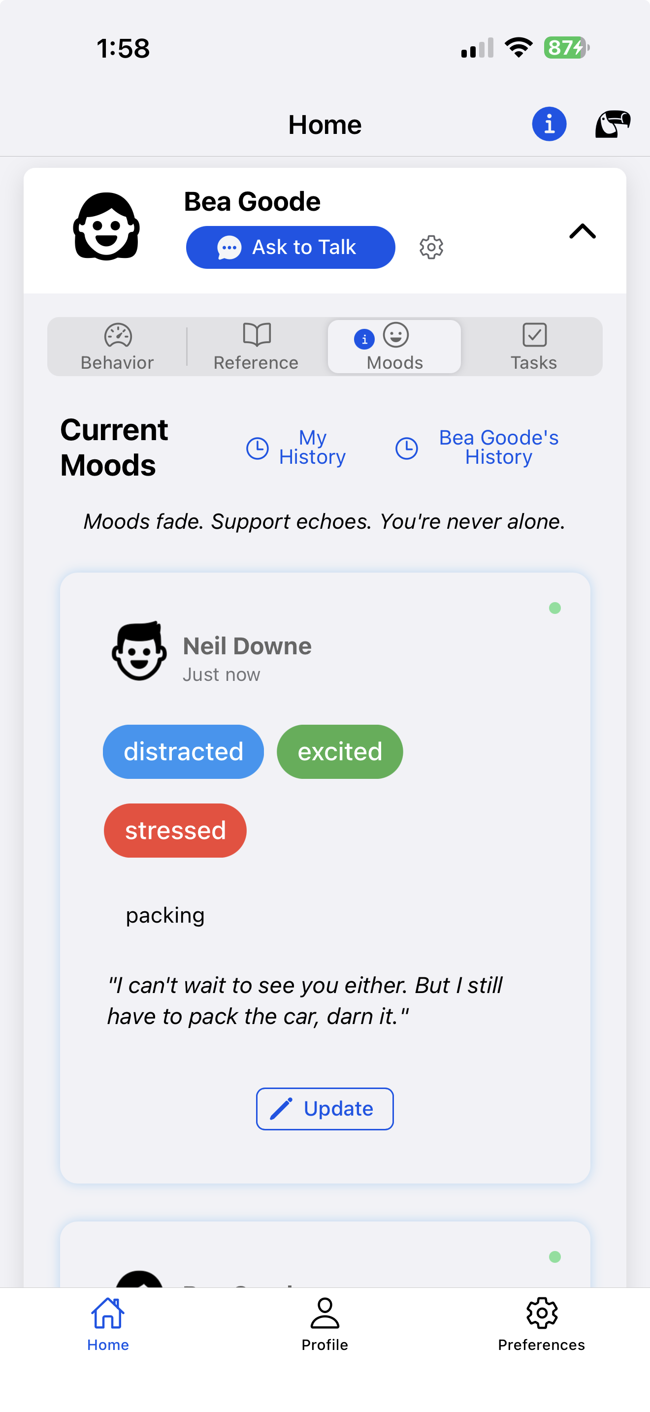 The moods screen in weminder, where either partner can post how they're doing.