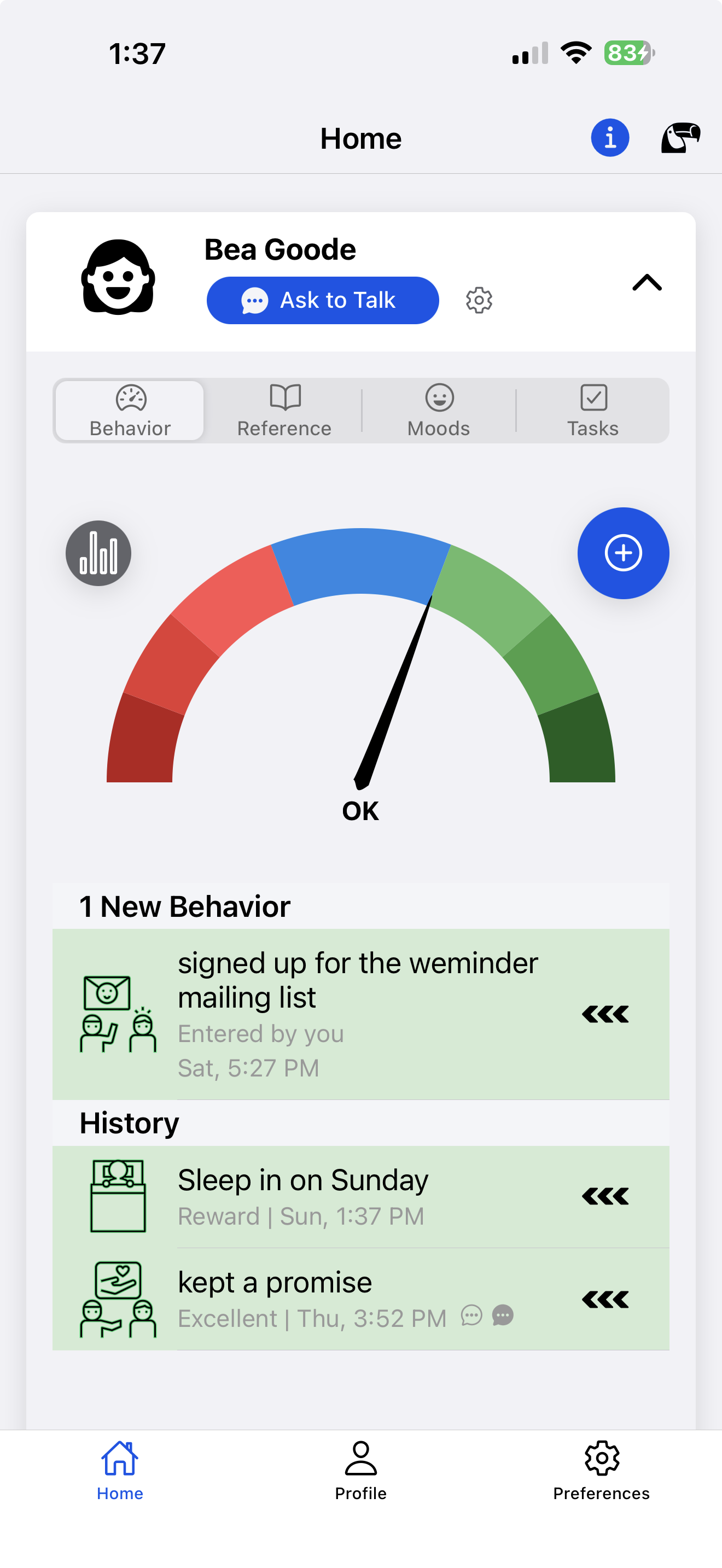 The weminder behavior chart, showing Neil's gauge and a reward from Bea.